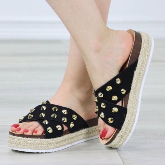 Black Platform Espadrille Sandals Crossover Gold Metal Stud Slip On Sliders - Picture 2 of 15